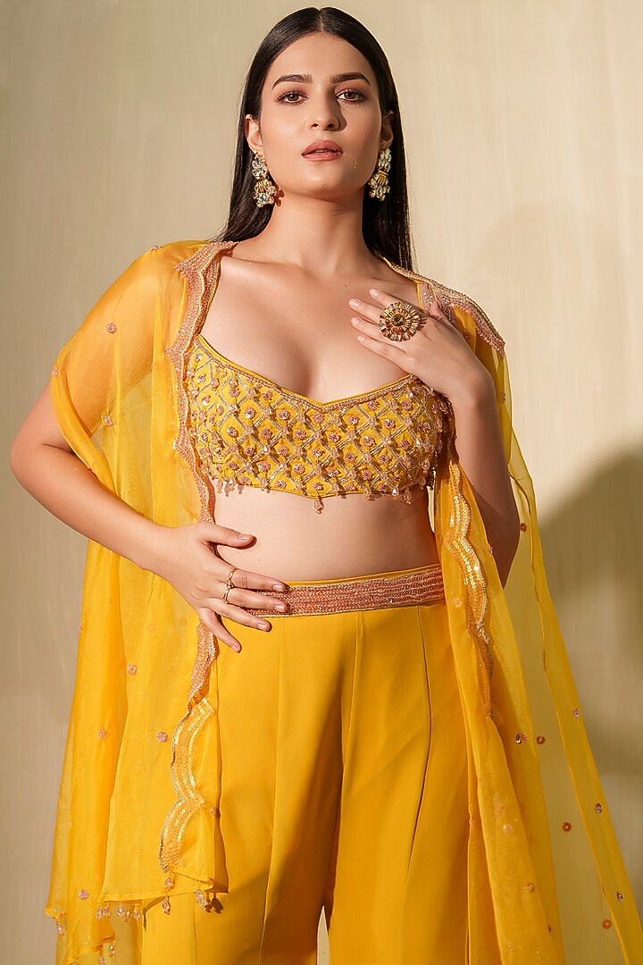 Mustard Yellow Organza Cape Set by Tamaraa By Tahani at Pernia's Pop Up Shop