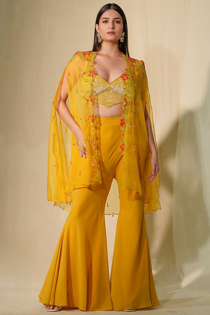 Mustard Yellow Net Crystal Embroidered Cape Set by Tamaraa By Tahani