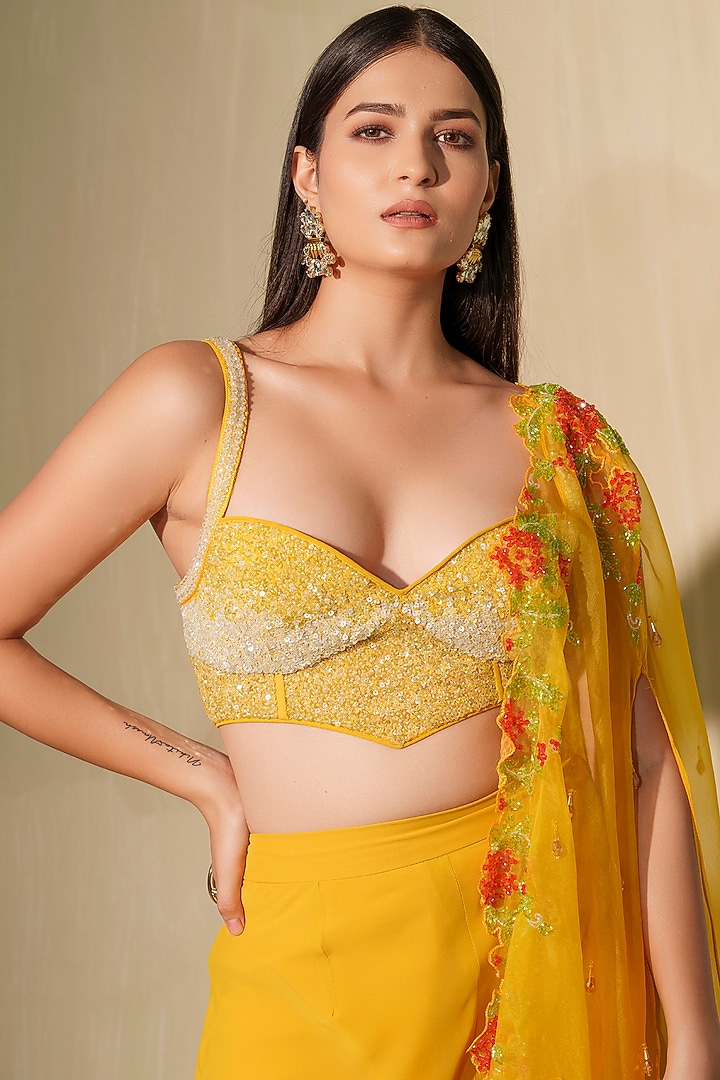 Mustard Yellow Net Crystal Embroidered Cape Set by Tamaraa By Tahani at Pernia's Pop Up Shop