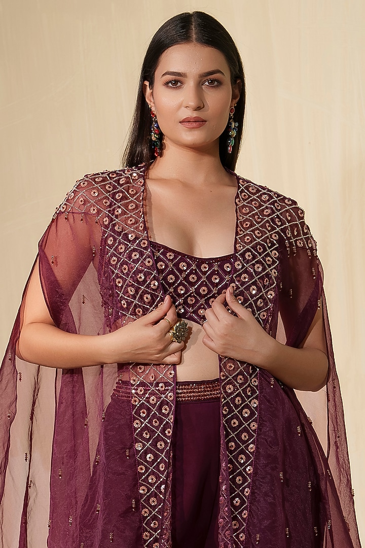 Aubergine Organza Handcrafted Cape Set by Tamaraa By Tahani at Pernia's Pop Up Shop