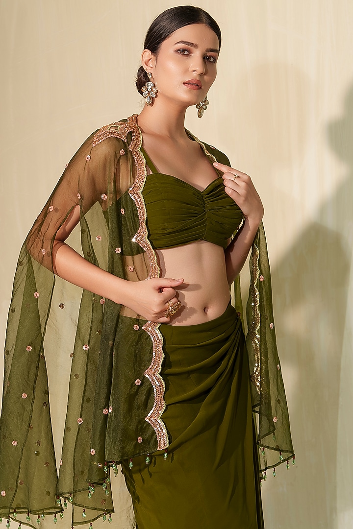 Dark Olive Green Organza Handcrafted Cape Set by Tamaraa By Tahani at Pernia's Pop Up Shop