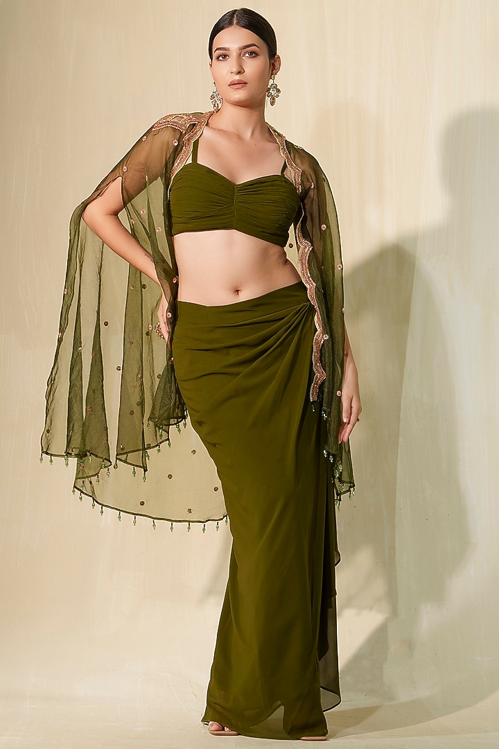 Dark Olive Green Organza Handcrafted Cape Set by Tamaraa By Tahani at Pernia's Pop Up Shop