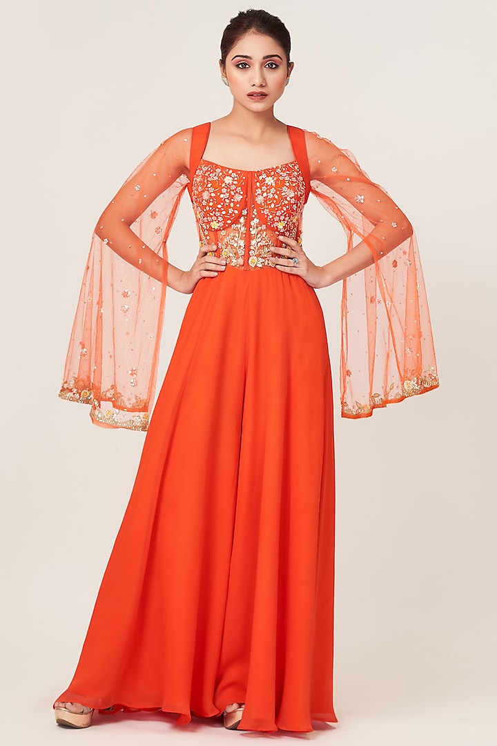 Orange Embellished Handcrafted Jumpsuit by Tamaraa By Tahani