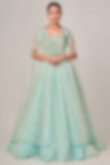 Ice Blue Tulle Handcrafted Gown With Jacket by Tamaraa By Tahani