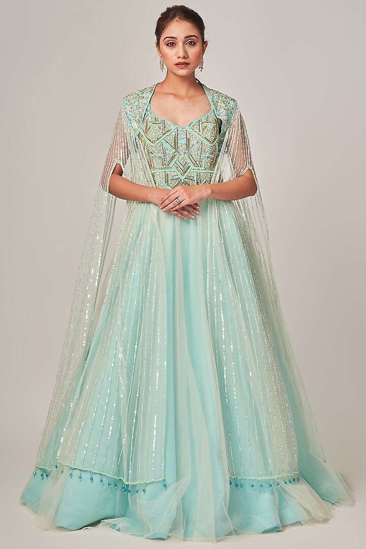 Ice Blue Tulle Handcrafted Gown With Jacket by Tamaraa By Tahani
