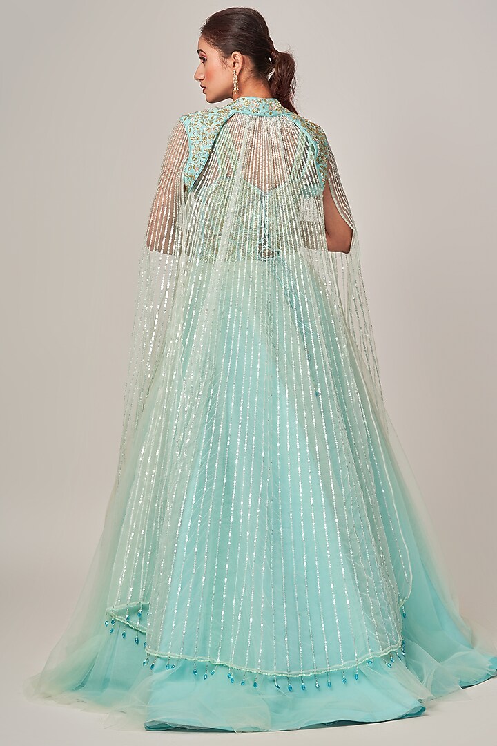 Ice Blue Tulle Handcrafted Engagement Gown With Jacket by Tamaraa By Tahani at Pernia's Pop Up Shop