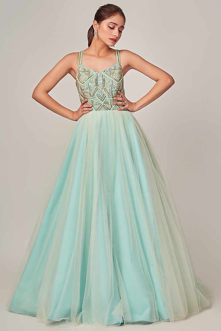 Ice Blue Tulle Handcrafted Engagement Gown With Jacket by Tamaraa By Tahani at Pernia's Pop Up Shop