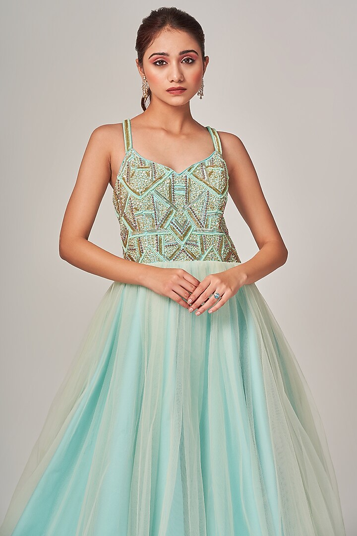 Ice Blue Tulle Handcrafted Engagement Gown With Jacket by Tamaraa By Tahani at Pernia's Pop Up Shop