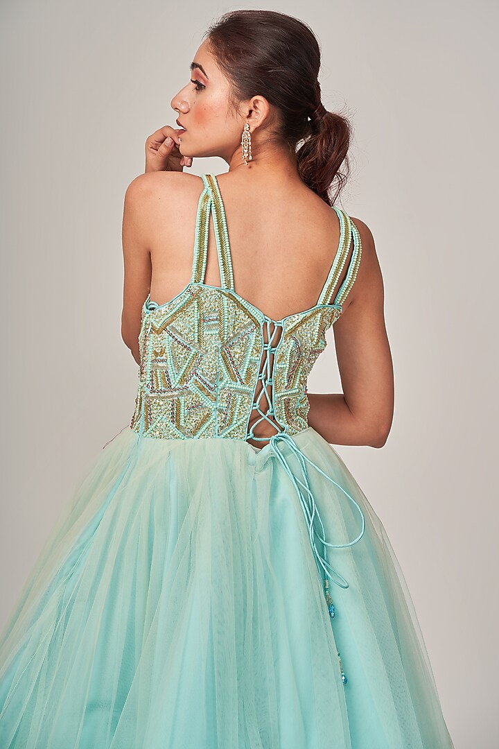 Ice Blue Tulle Handcrafted Engagement Gown With Jacket by Tamaraa By Tahani at Pernia's Pop Up Shop
