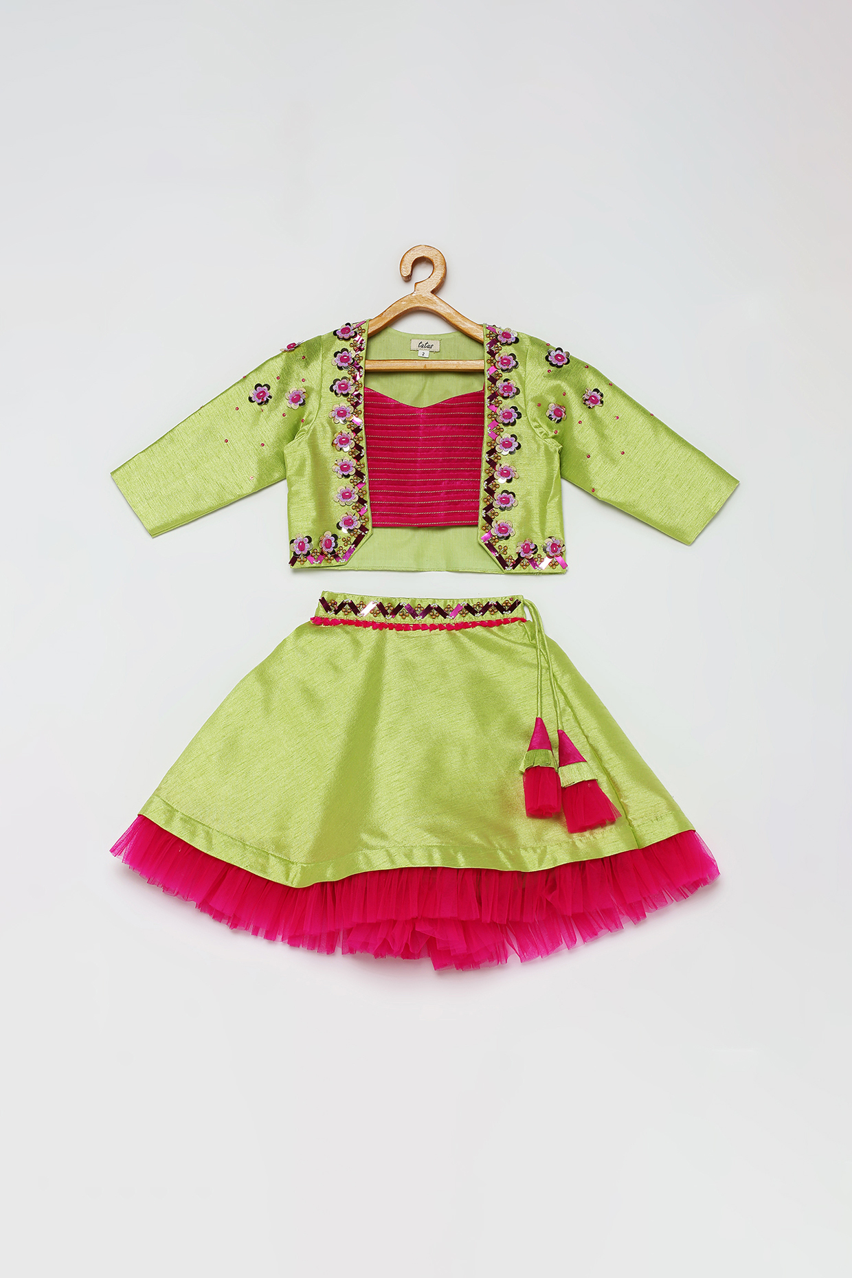 Lime Green Embroidered Jacket Lehenga Set For Girls by Tutus by tutu at Pernia's Pop Up Shop