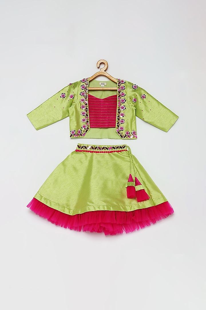 Lime Green Embroidered Jacket Lehenga Set For Girls by Tutus by tutu at Pernia's Pop Up Shop