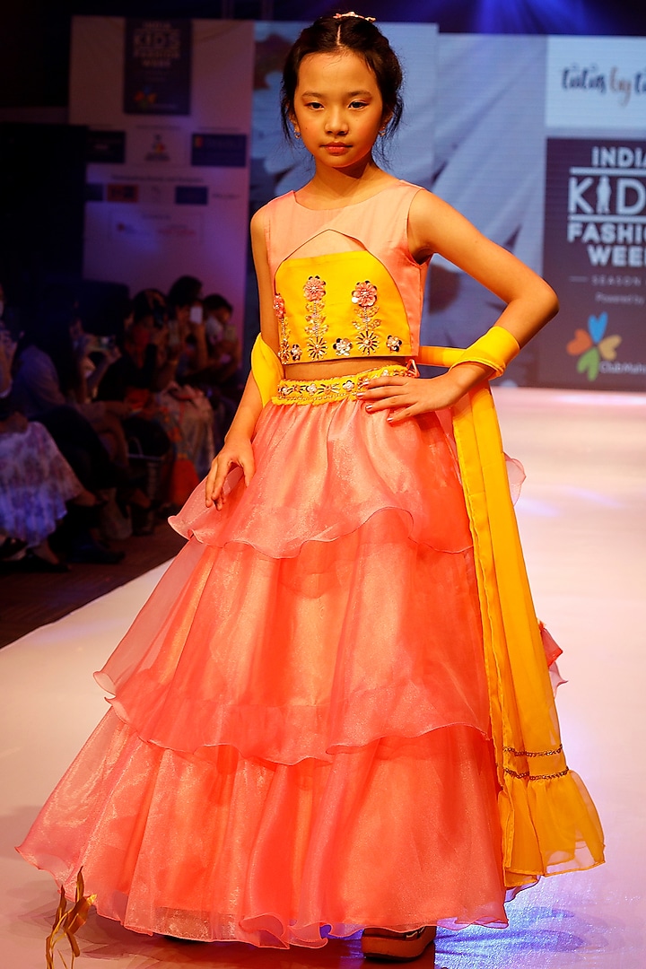 Yellow & Blush Pink Embroidered Lehenga Set For Girls by Tutus by tutu at Pernia's Pop Up Shop