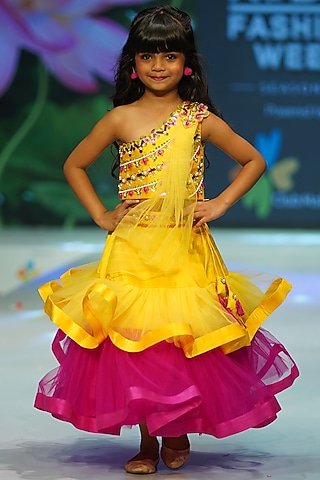 Yellow Raw Silk Frilled Lehenga Set For Girls by Tutus by tutu