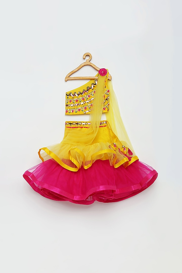 Yellow Raw Silk Frilled Lehenga Set For Girls by Tutus by tutu at Pernia's Pop Up Shop