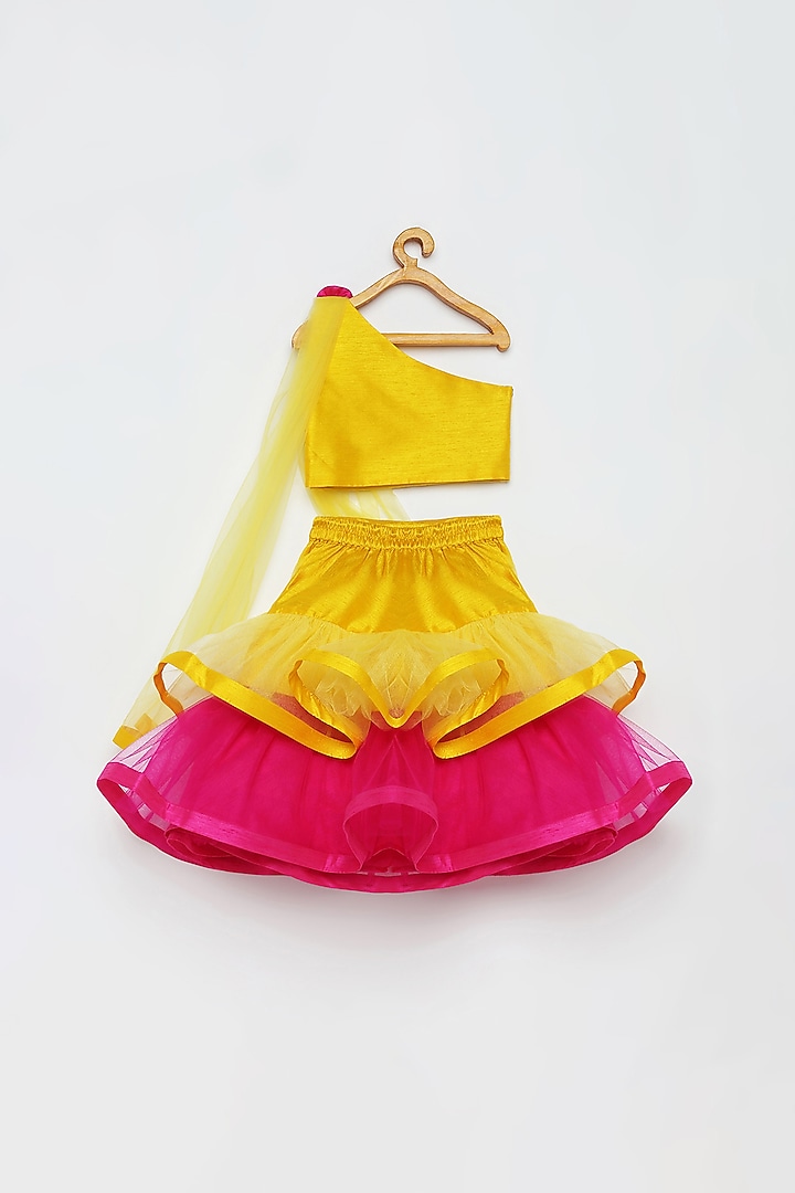 Yellow Raw Silk Frilled Lehenga Set For Girls by Tutus by tutu at Pernia's Pop Up Shop