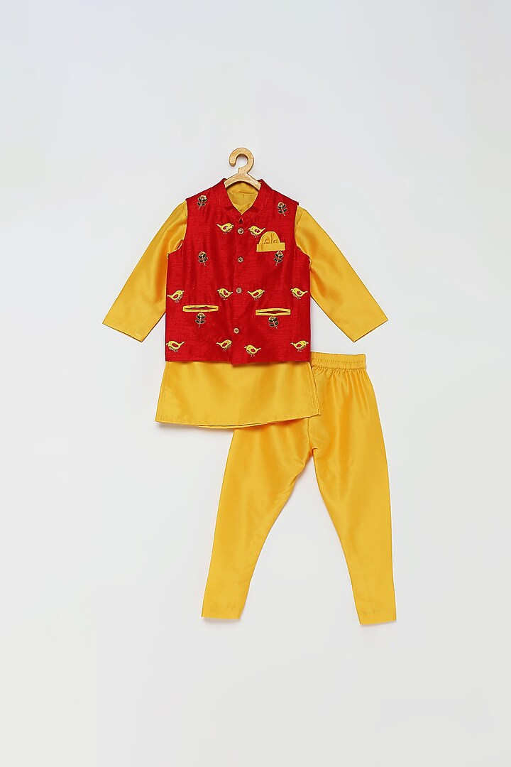 Yellow Cotton Kurta Set With Red Bundi Jacket For Boys by Tutus by tutu at Pernia's Pop Up Shop