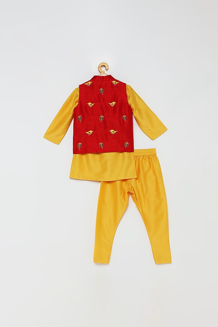 Yellow Cotton Kurta Set With Red Bundi Jacket For Boys by Tutus by tutu at Pernia's Pop Up Shop