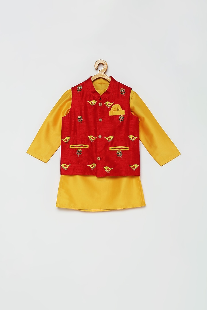 Yellow Cotton Kurta Set With Red Bundi Jacket For Boys by Tutus by tutu at Pernia's Pop Up Shop