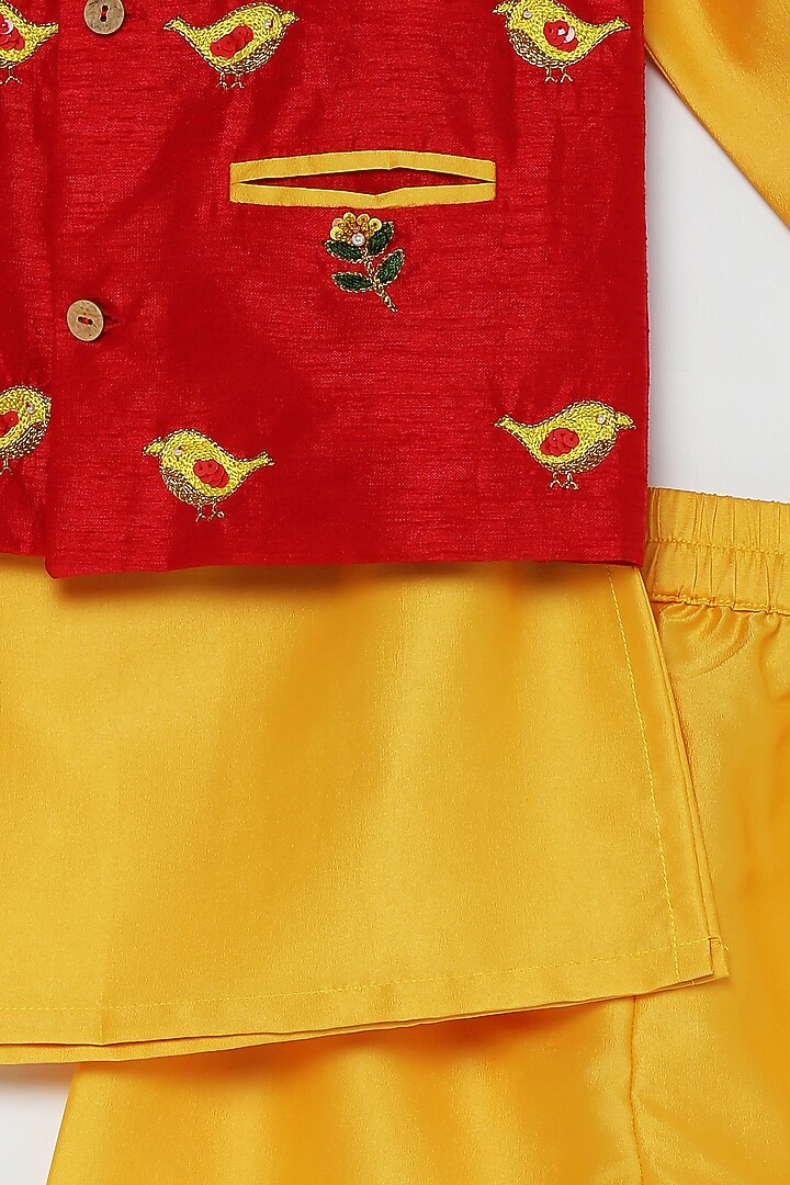Yellow Cotton Kurta Set With Red Bundi Jacket For Boys by Tutus by tutu at Pernia's Pop Up Shop