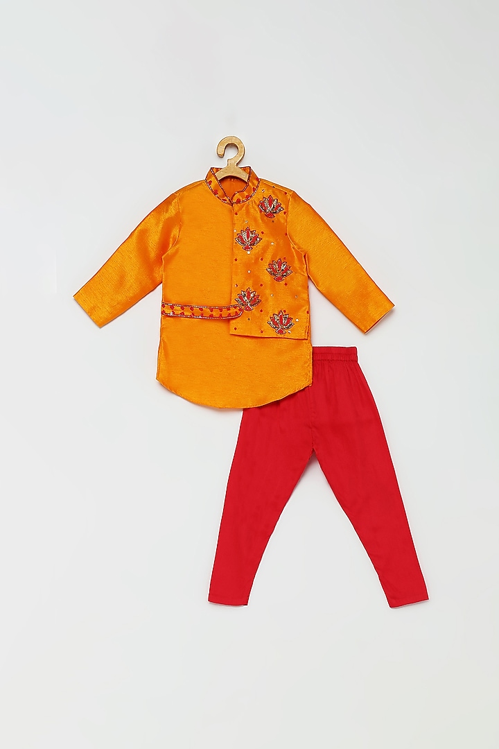 Orange Embroidered Kurta Set For Boys by Tutus by tutu