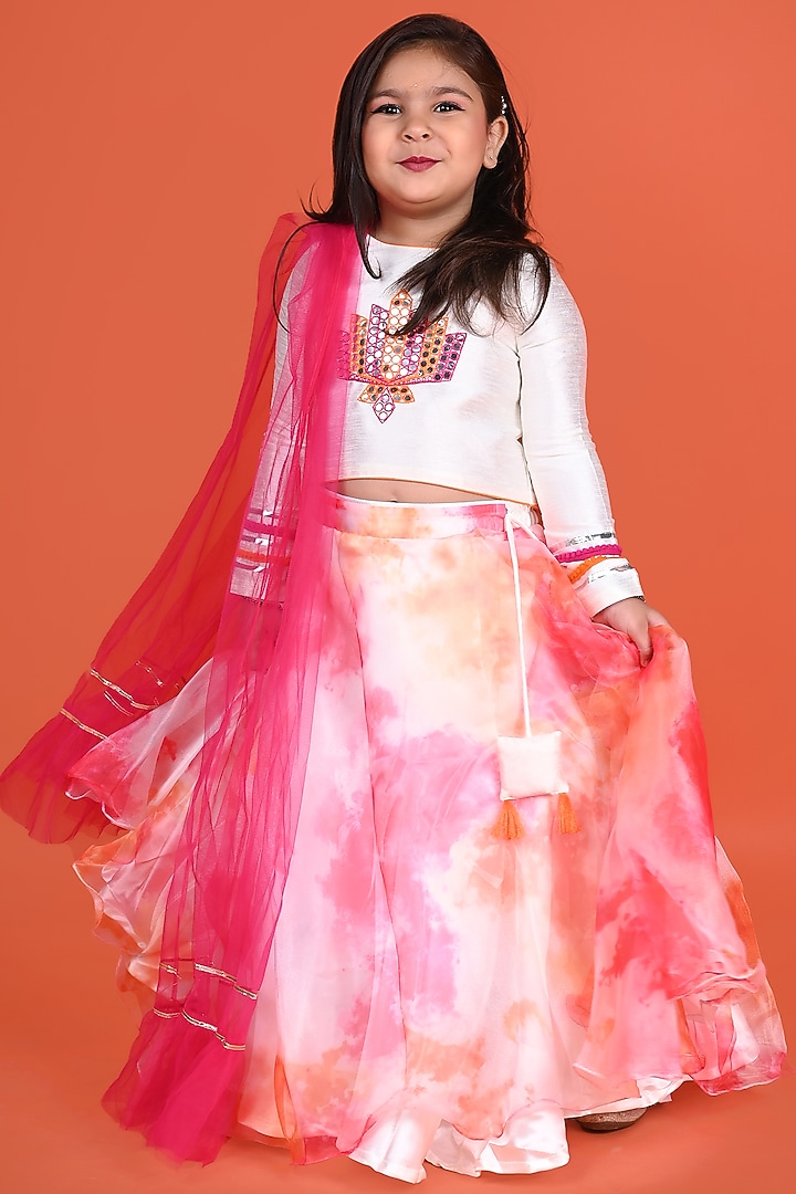 Pink & Orange Organza Tie-Dye Lehenga Set For Girls by Tutus by tutu at Pernia's Pop Up Shop