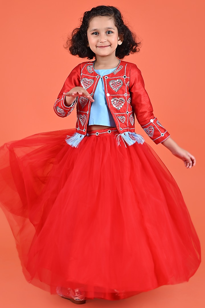 Red Raw Silk & Taffeta Silk Hand Embroidered Tiered Lehenga Set For Girls by Tutus by tutu at Pernia's Pop Up Shop