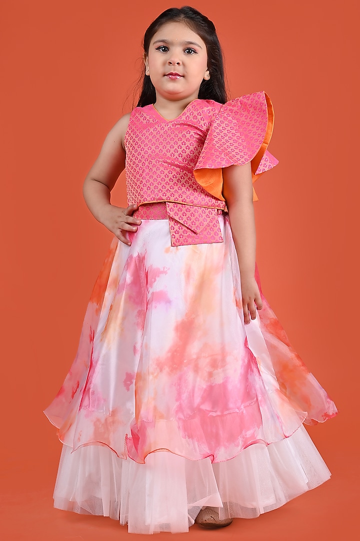 Pink & Orange Organza Tie-Dye Lehenga Set For Girls by Tutus by tutu at Pernia's Pop Up Shop