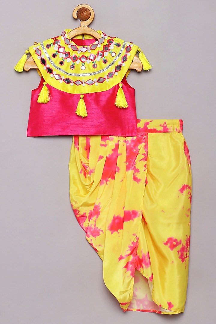 Yellow & Pink Silk Tie-Dye Draped Skirt Set For Girls by Tutus by tutu at Pernia's Pop Up Shop