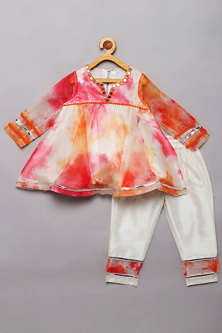 Pink & Orange Organza Mirror Work Kurta Set For Girls by Tutus by tutu at Pernia's Pop Up Shop