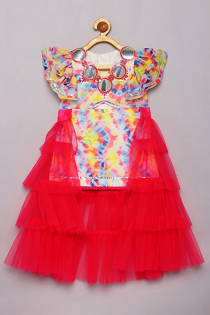 Multi-Colored Georgette & Soft Tulle Mirror Work Dress With Trail For Girls by Tutus by tutu