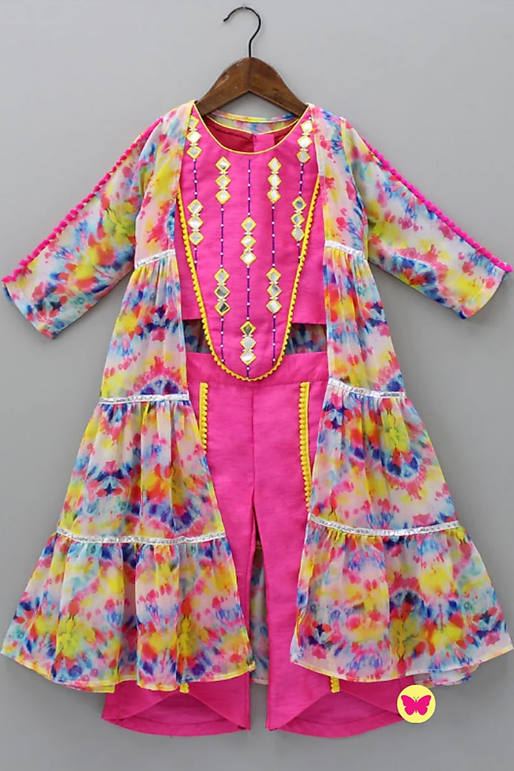 Multi-Colored Georgette & Raw Silk Gota Lace Work Cape Set For Girls by Tutus by tutu at Pernia's Pop Up Shop