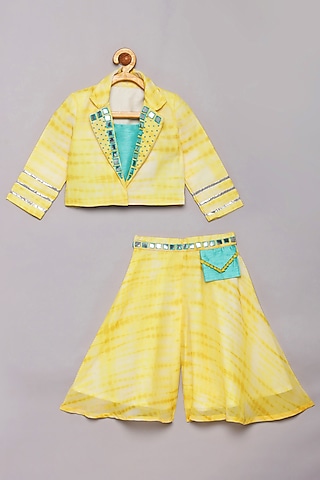 Yellow Georgette Shibori Printed & Faux Mirror Work Palazzo Pant Set by Tutus by tutu