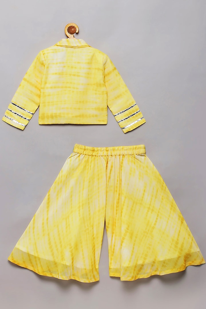 Yellow Georgette Shibori Printed & Faux Mirror Work Palazzo Pant Set by Tutus by tutu at Pernia's Pop Up Shop