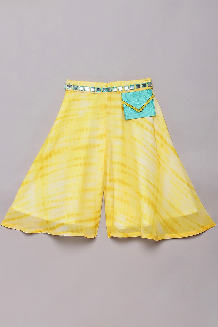 Yellow Georgette Shibori Printed & Faux Mirror Work Palazzo Pant Set by Tutus by tutu at Pernia's Pop Up Shop