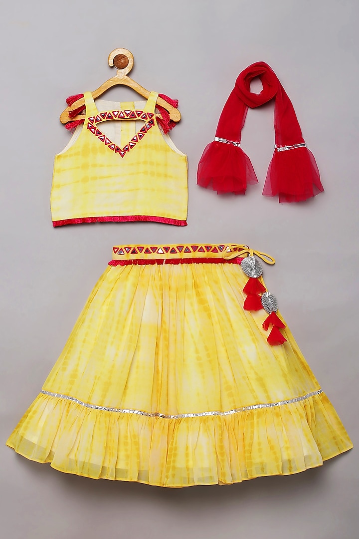 Yellow Georgette Faux Mirror Work Lehenga Set For Girls by Tutus by tutu at Pernia's Pop Up Shop