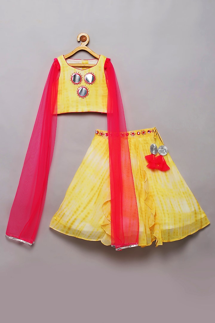 Yellow Georgette Shibori Printed Lehenga Set For Girls by Tutus by tutu at Pernia's Pop Up Shop