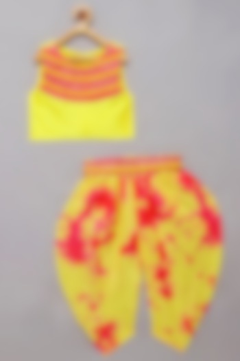 Yellow & Pink Flat Silk Tie-Dye Dhoti Set For Girls by Tutus by tutu at Pernia's Pop Up Shop