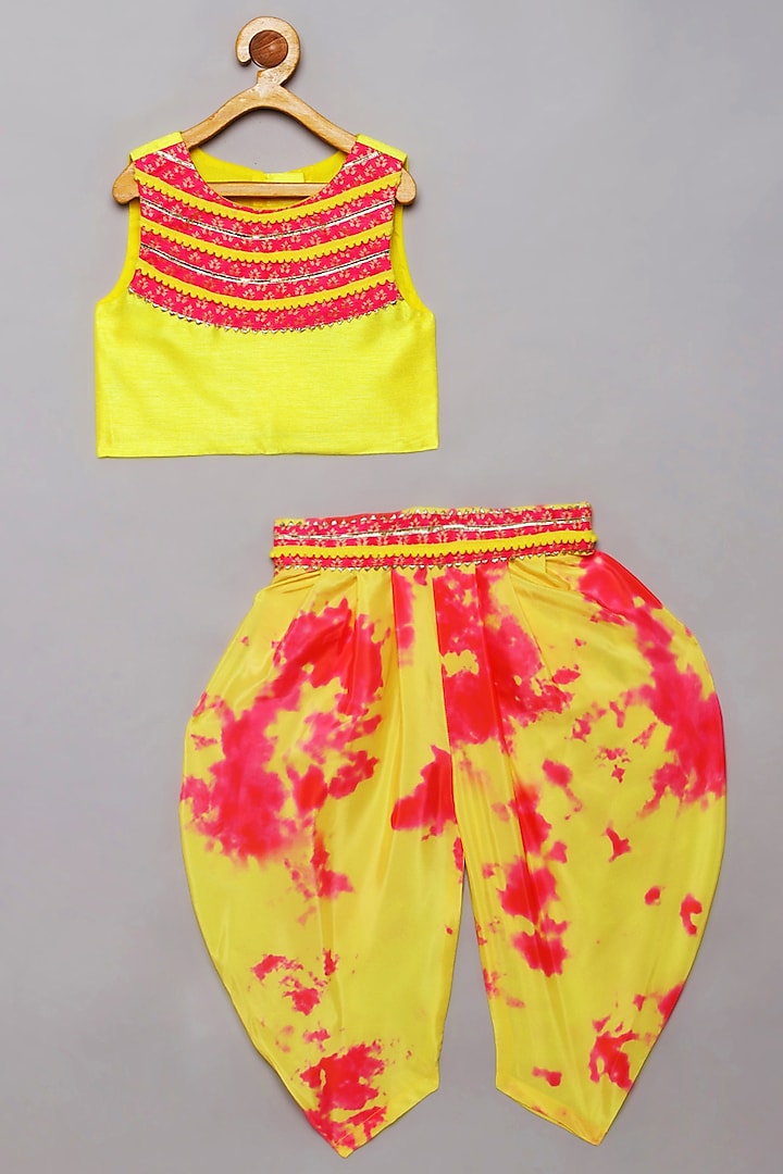 Yellow & Pink Flat Silk Tie-Dye Dhoti Set For Girls by Tutus by tutu at Pernia's Pop Up Shop