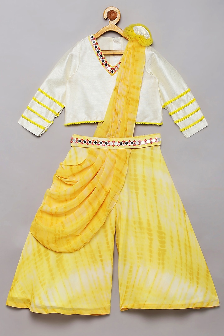 Yellow Georgette Shibori Printed Draped Palazzo Pant Set For Girls by Tutus by tutu at Pernia's Pop Up Shop