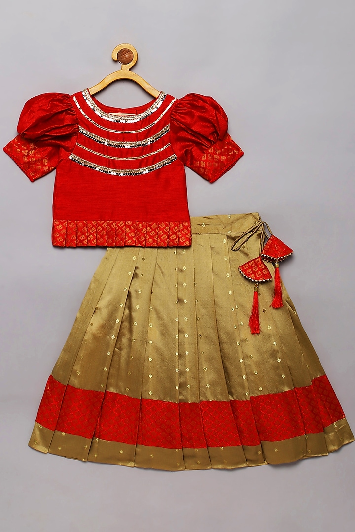 Red & Gold Raw Silk Lehenga Set For Girls by Tutus by tutu at Pernia's Pop Up Shop