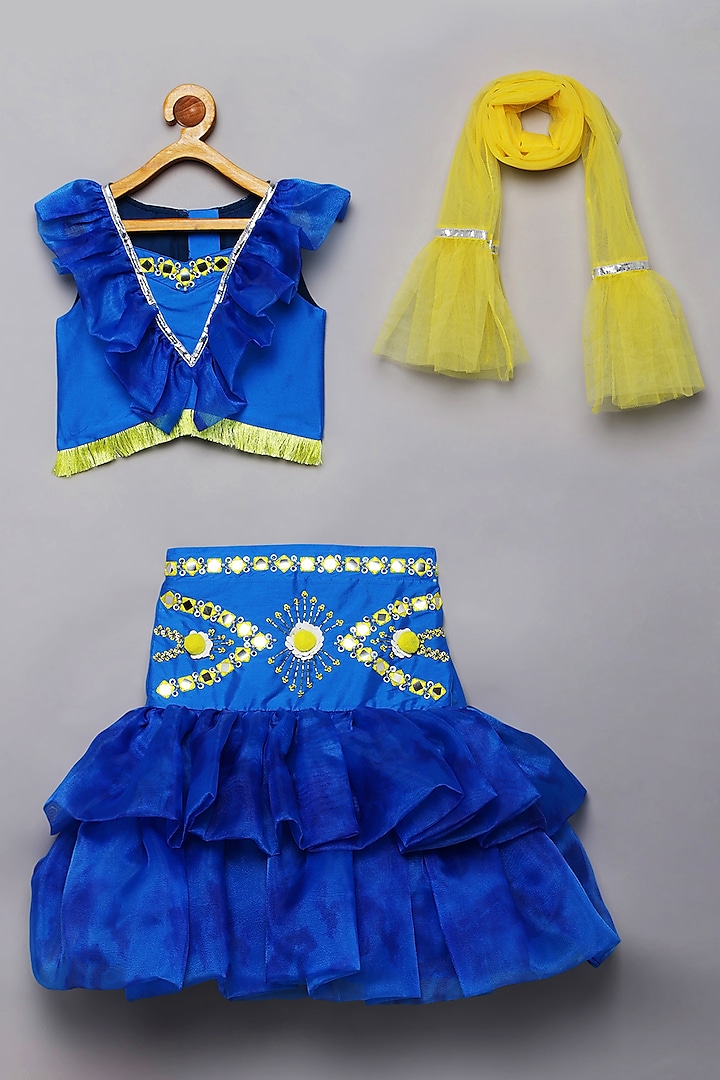 Blue Silk Organza Faux Mirror & Bead Work Fish-Cut Lehenga Set by Tutus by tutu