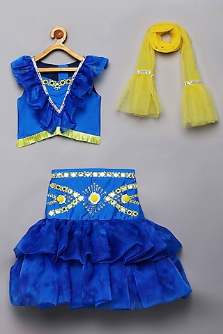 Blue Silk Organza Faux Mirror & Bead Work Fish-Cut Lehenga Set by Tutus by tutu