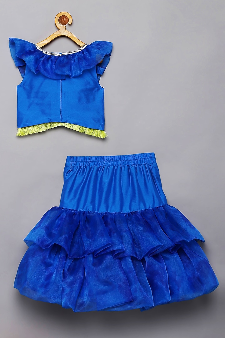 Blue Silk Organza Faux Mirror & Bead Work Fish-Cut Lehenga Set by Tutus by tutu at Pernia's Pop Up Shop