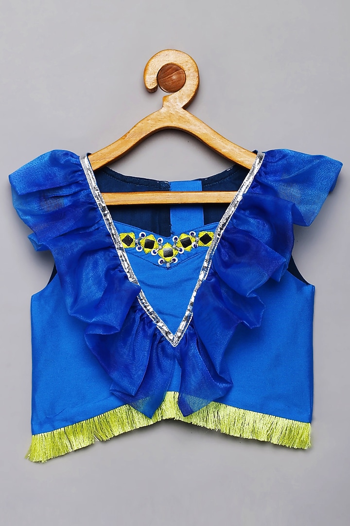 Blue Silk Organza Faux Mirror & Bead Work Fish-Cut Lehenga Set by Tutus by tutu at Pernia's Pop Up Shop