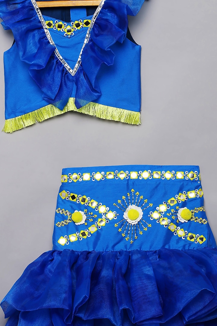 Blue Silk Organza Faux Mirror & Bead Work Fish-Cut Lehenga Set by Tutus by tutu at Pernia's Pop Up Shop
