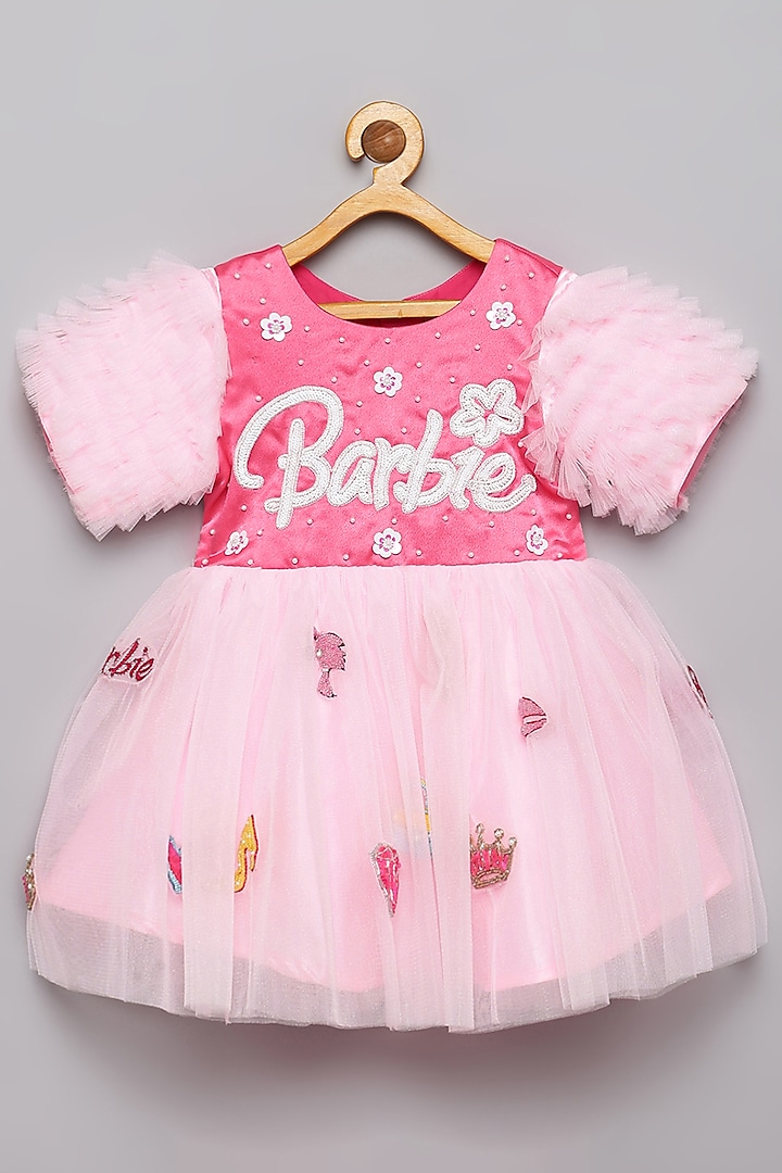Pink Crepe Satin & Tulle Embroidered Frilled Dress For Girls by Tutus by tutu