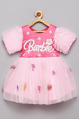 Pink Crepe Satin & Tulle Embroidered Frilled Dress For Girls by Tutus by tutu
