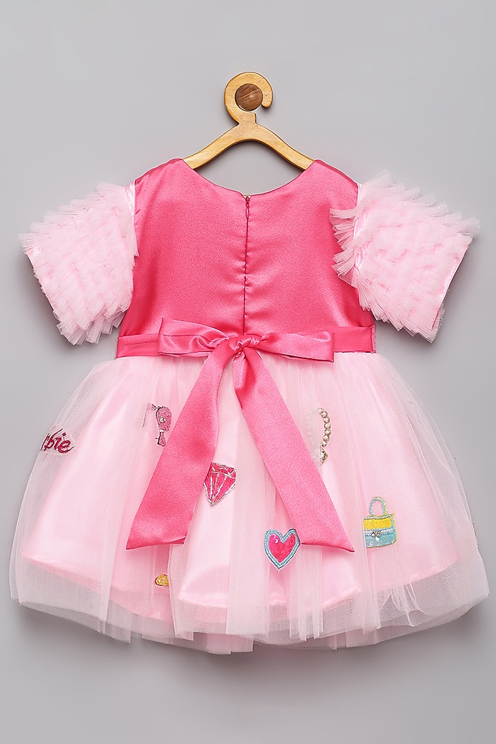 Pink Crepe Satin & Tulle Embroidered Frilled Dress For Girls by Tutus by tutu at Pernia's Pop Up Shop