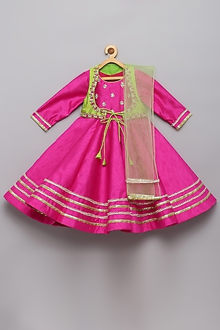 Fuchsia Pink Raw Silk & Taffeta Silk Anarkali Set by Tutus by tutu