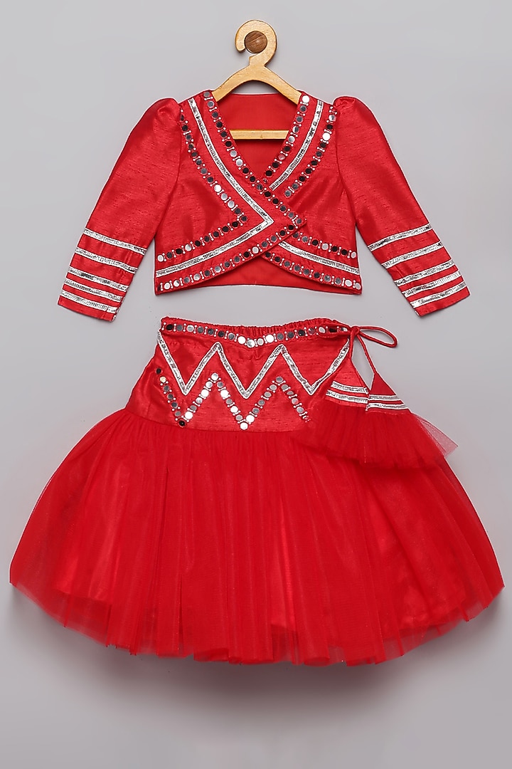 Red Raw Silk & Tulle Embroidered Fish Style Lehenga Set For Girls by Tutus by tutu